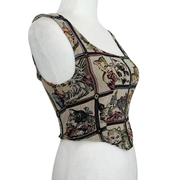 Cider Vintage-Inspired Cat Tapestry Corset Crop Top (XS) - Picture 2 of 11
